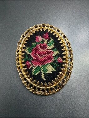 Vintage Petit Point Brooch Pink Rose #187FF